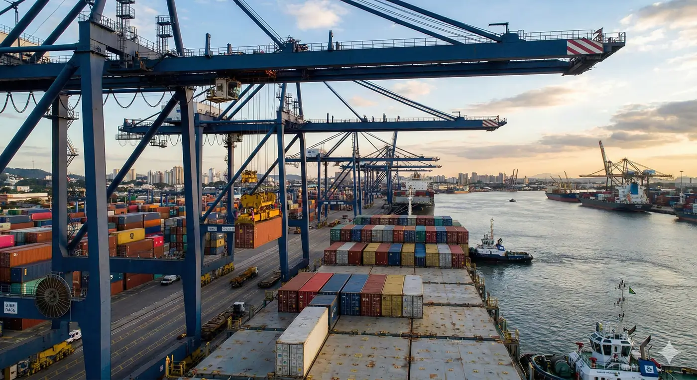 Contêineres sendo carregados em navio no porto de Santos