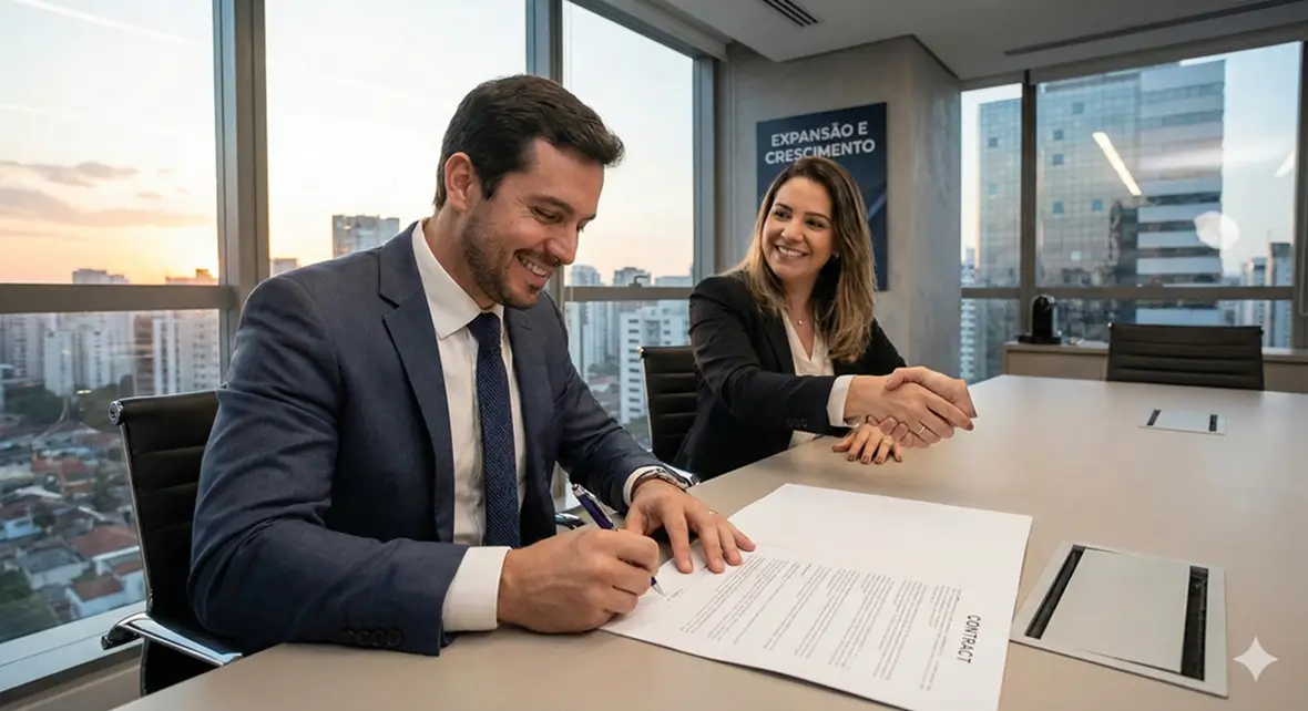 Empresário assinando contrato de crédito para expansão de negócios