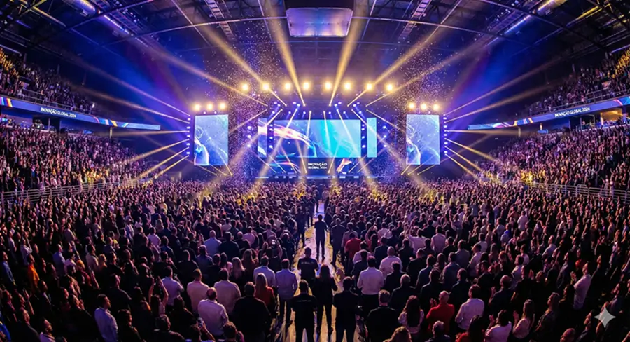 Grande evento corporativo com público lotado e iluminação cênica
