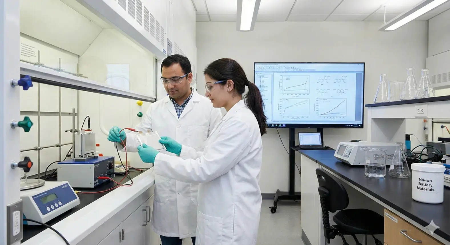 Pesquisadores em laboratório desenvolvendo bateria de íon-sódio