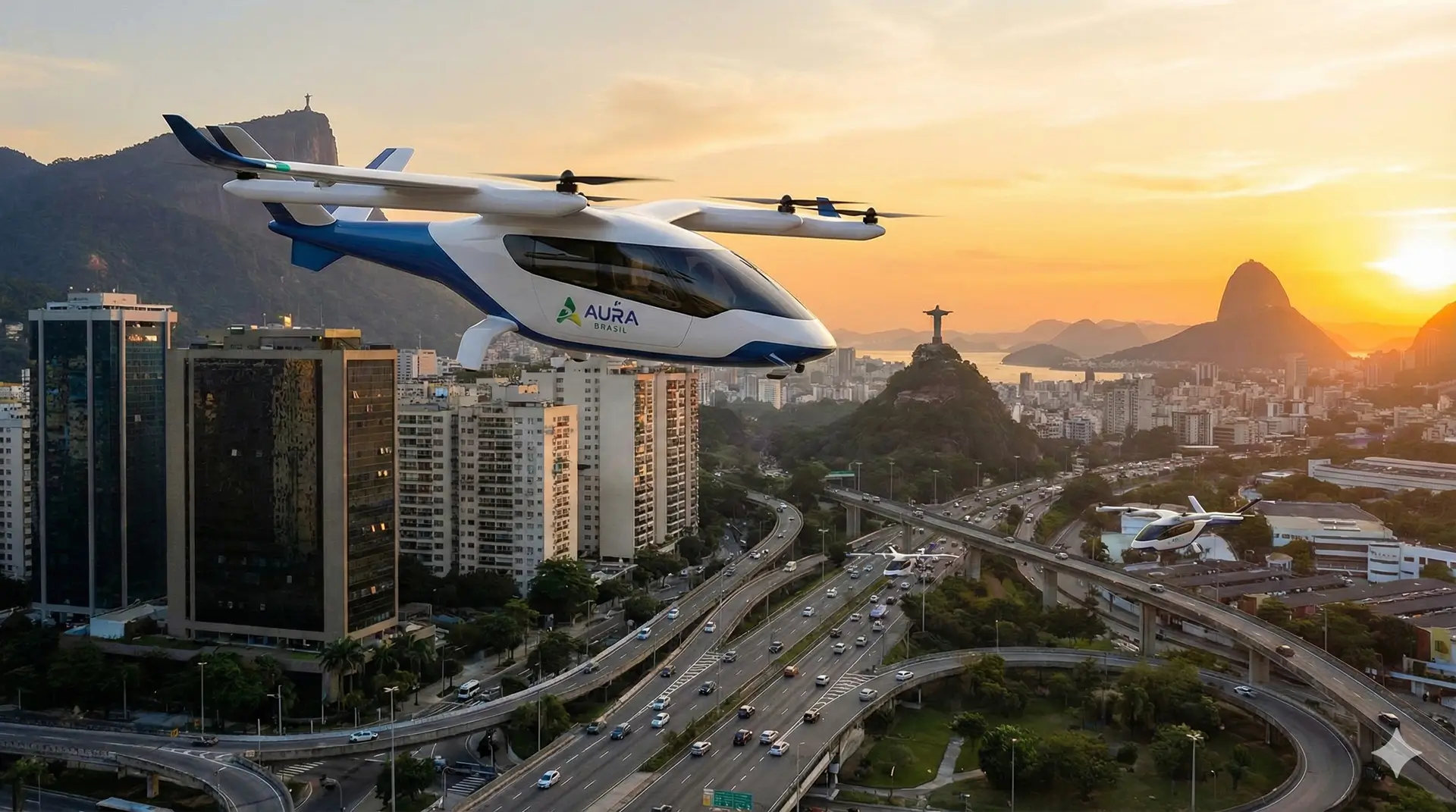 Conceito artístico de um eVTOL (carro voador) sobrevoando uma metrópole, simbolizando a nova era da mobilidade urbana liderada pela indústria brasileira.