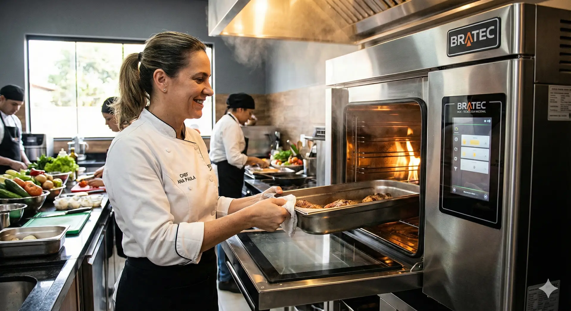 Chef de cozinha utilizando forno de alta tecnologia em restaurante, ilustrando a qualidade dos equipamentos da indústria brasileira.