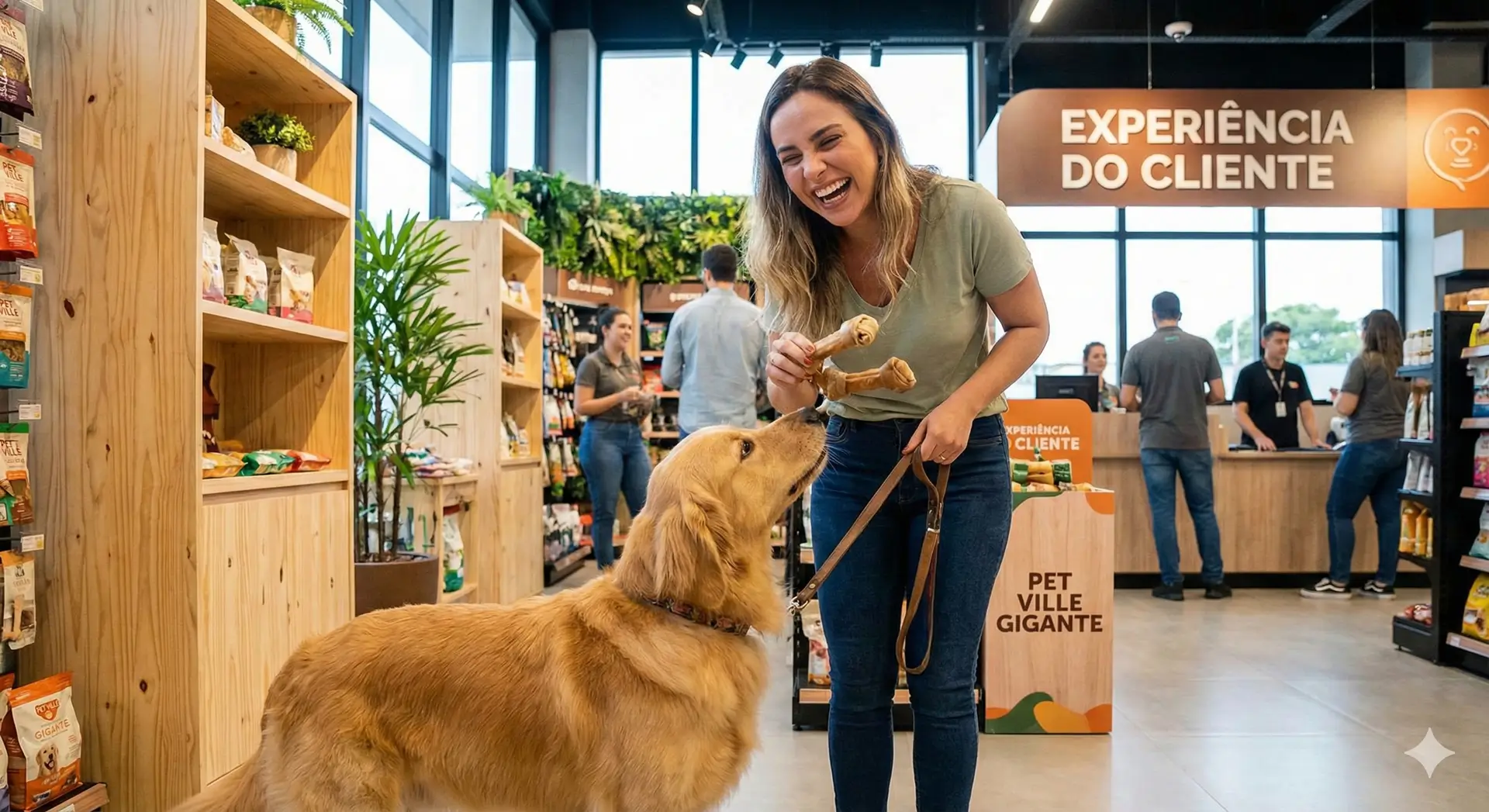 Cliente feliz interagindo com produtos em um pet shop moderno, simbolizando a experiência do consumidor no novo gigante do varejo.