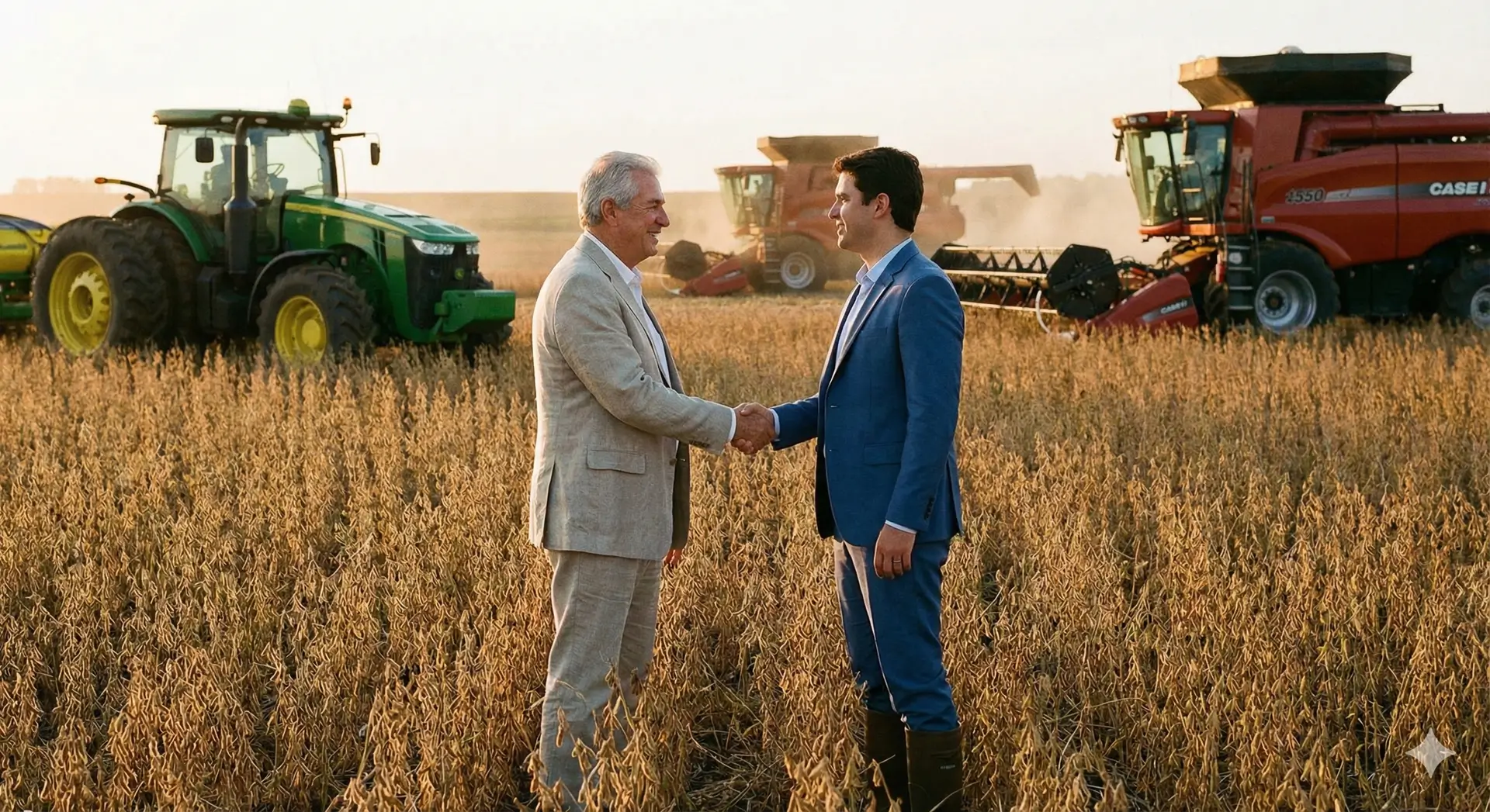 Aperto de mão firme entre dois executivos do agronegócio em uma plantação, simbolizando uma fusão estratégica, com máquinas modernas ao fundo.