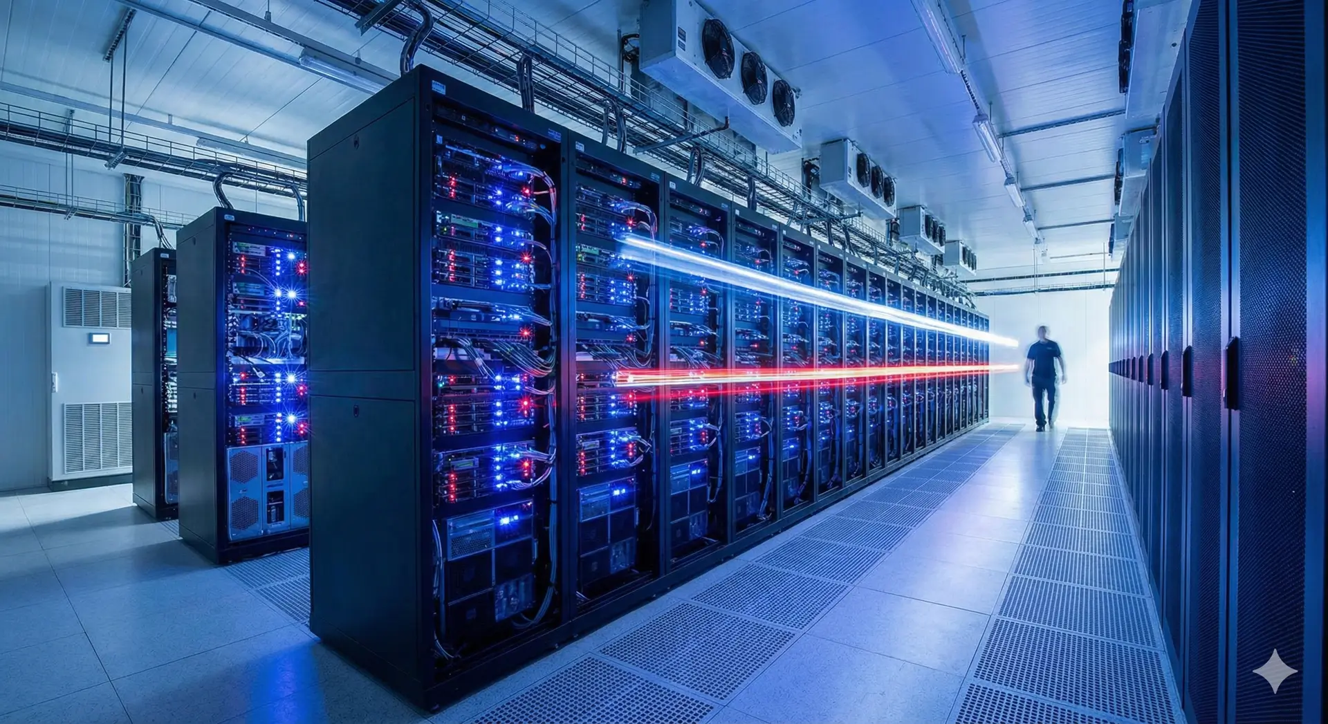 Corredor de servidores em um data center moderno com luzes azuis e vermelhas, representando a infraestrutura da economia digital.