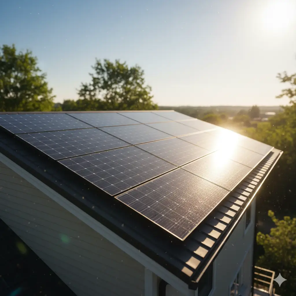 Painéis solares instalados em telhado sob a luz do sol, representando o crescimento da energia solar