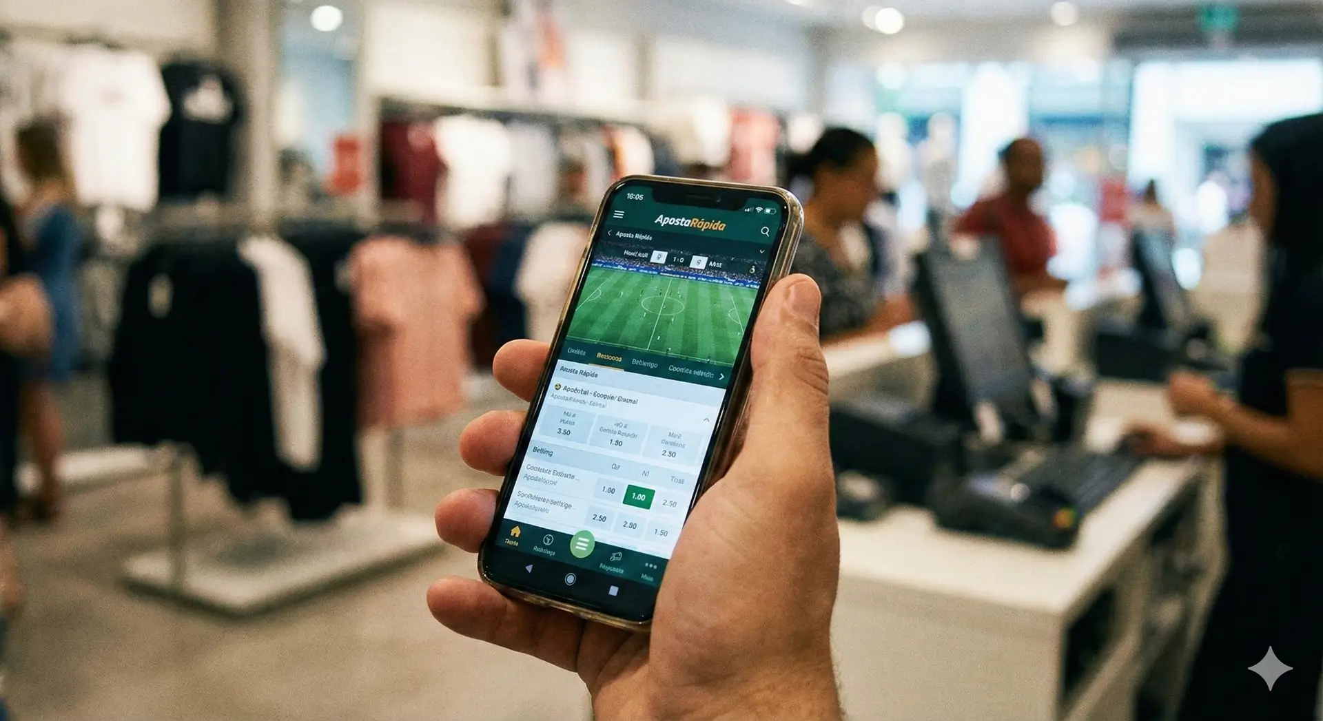 Mão segurando smartphone com aplicativo de apostas aberto, com fundo desfocado de loja de varejo, ilustrando a transferência de renda do consumo para o jogo.