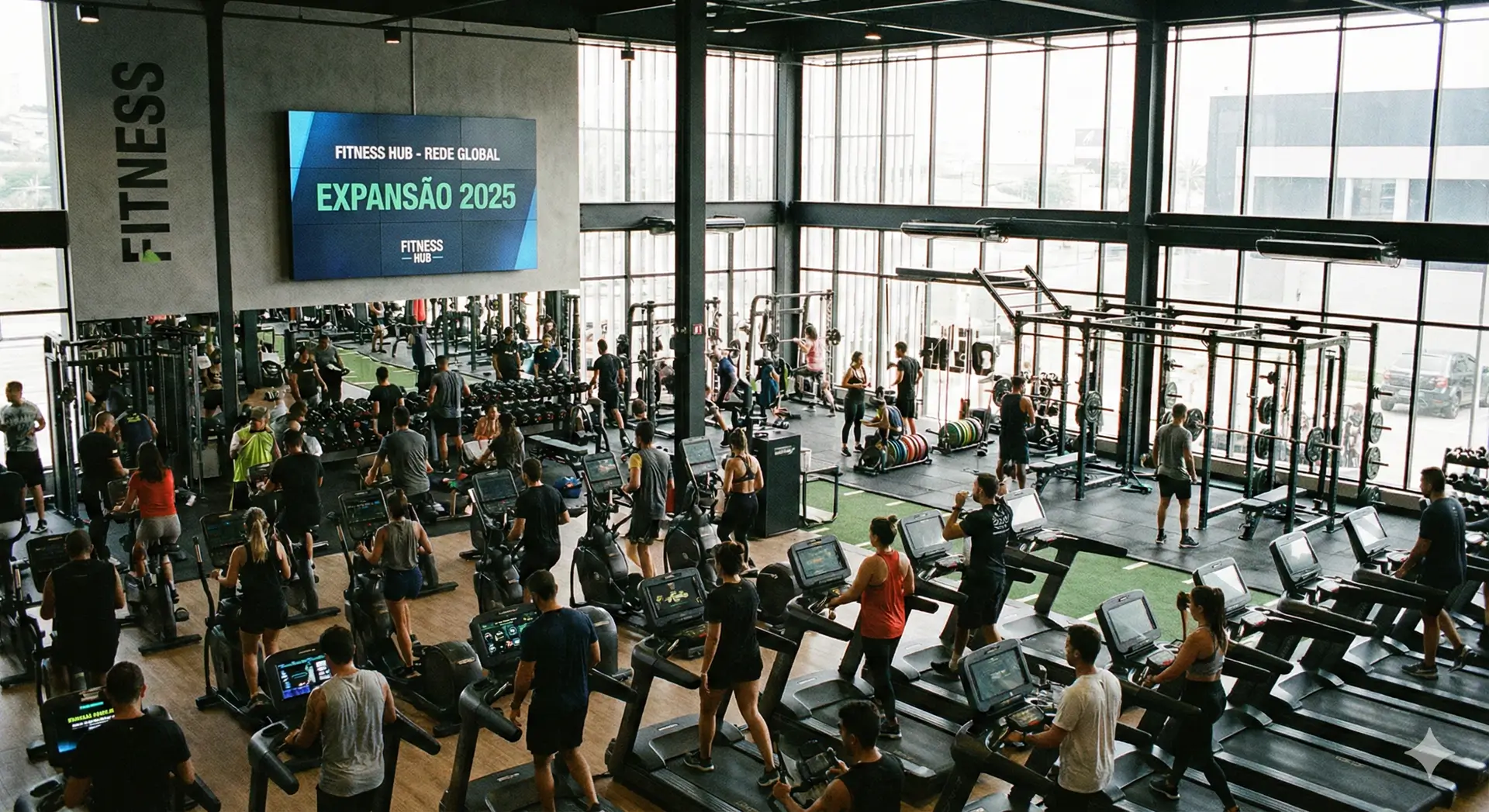 Interior de academia moderna com alunos treinando, representando a expansão do mercado fitness e a consolidação de grandes redes.