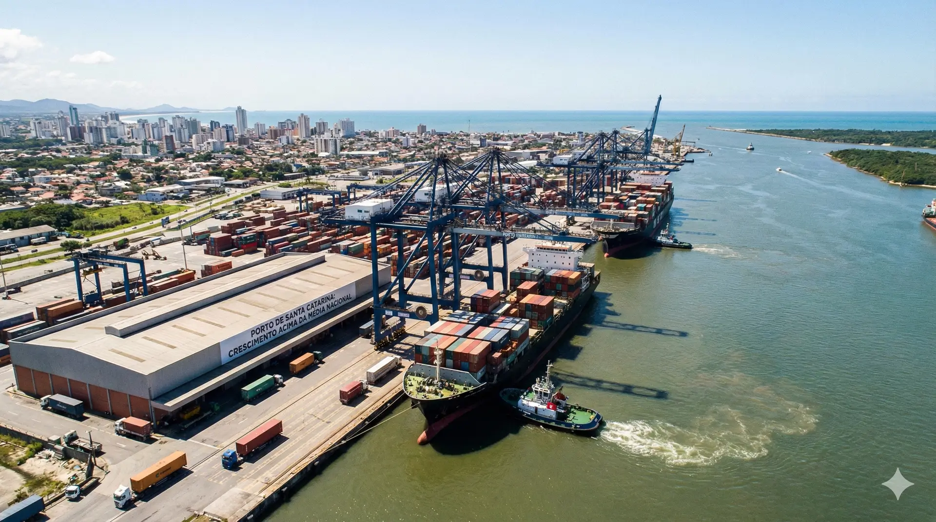Porto movimentado em Santa Catarina, simbolizando a força logística e o crescimento econômico do estado acima da média nacional.