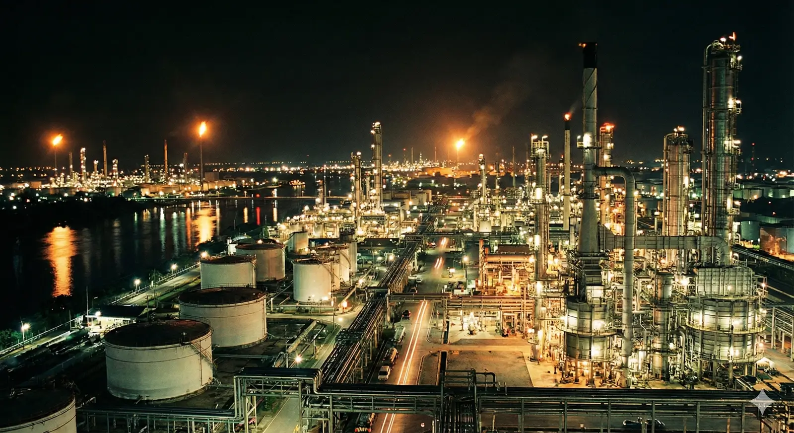 Refinaria de petróleo iluminada à noite, simbolizando o grande investimento em infraestrutura e energia.