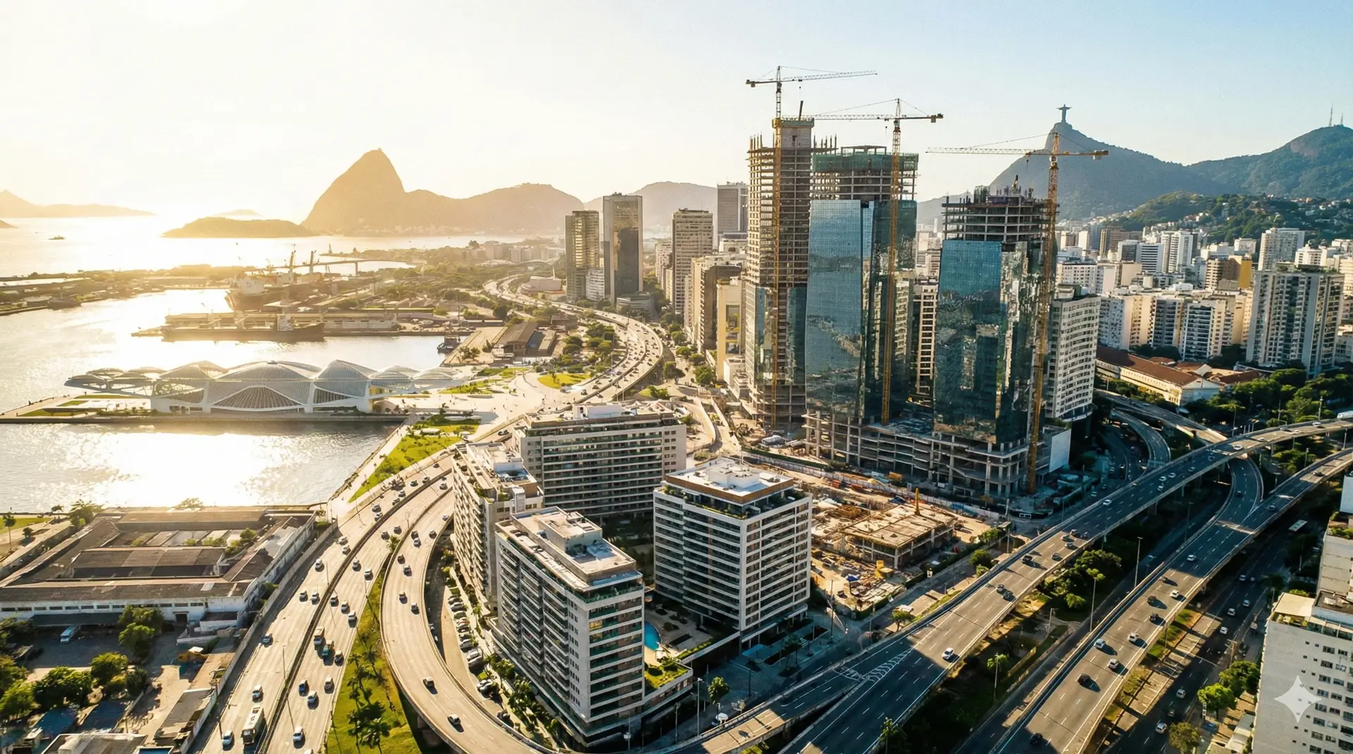 Vista panorâmica moderna do Rio de Janeiro, destacando áreas de desenvolvimento e construção civil sob a luz do sol, simbolizando novos investimentos.