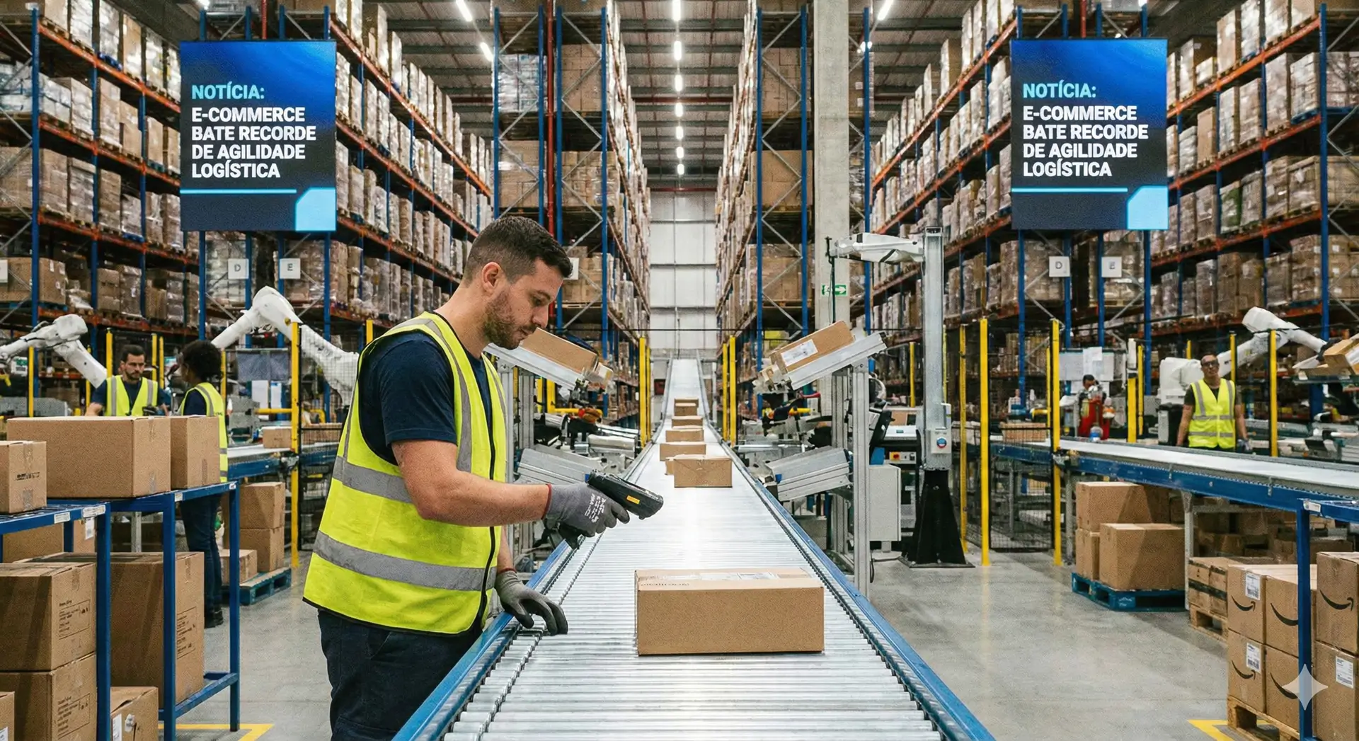 Funcionário operando scanner em um centro de distribuição moderno repleto de caixas, representando a agilidade logística do e-commerce.
