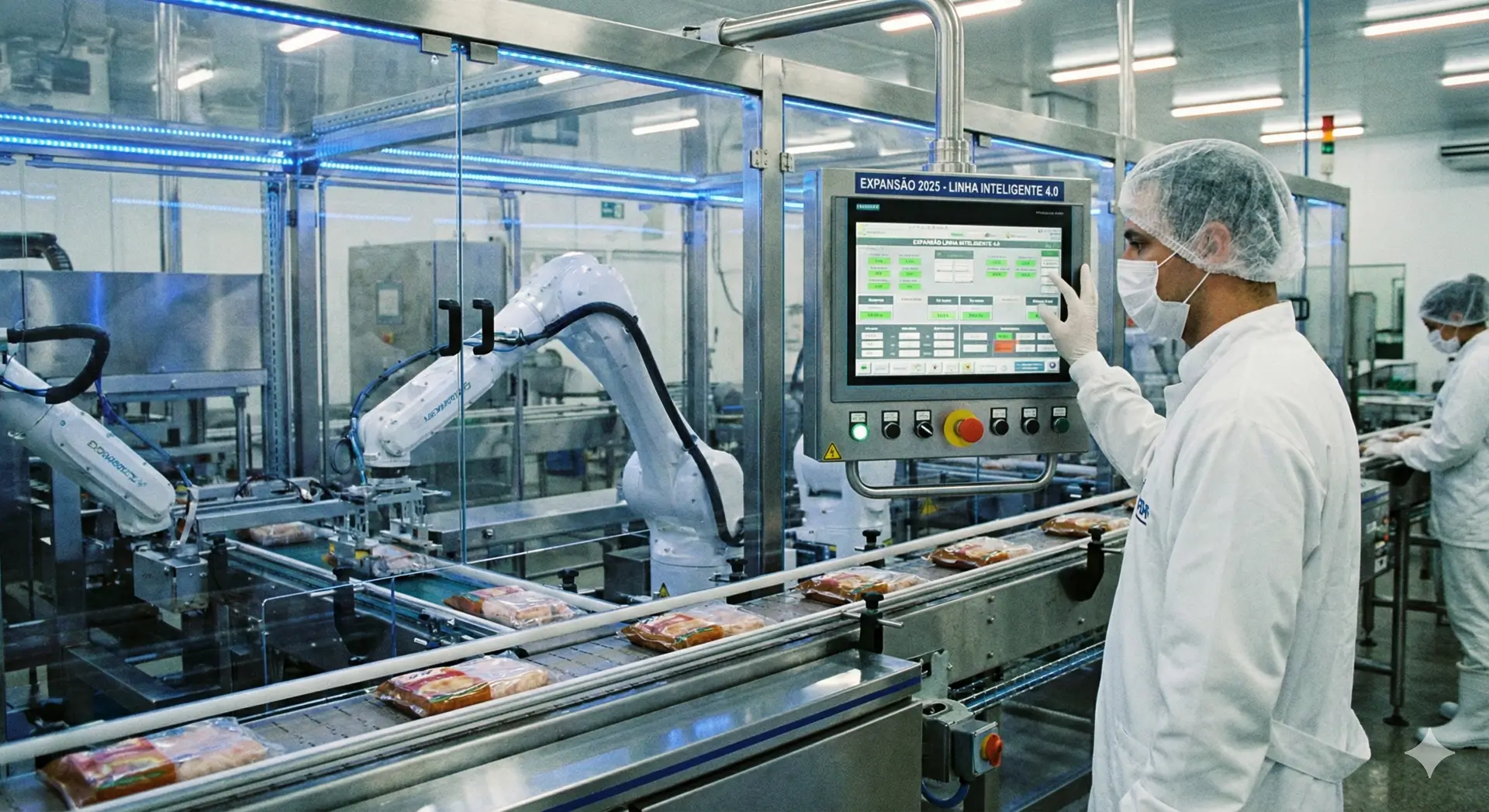 Profissional em linha de produção moderna da indústria alimentícia, simbolizando o investimento em tecnologia e expansão da capacidade produtiva.