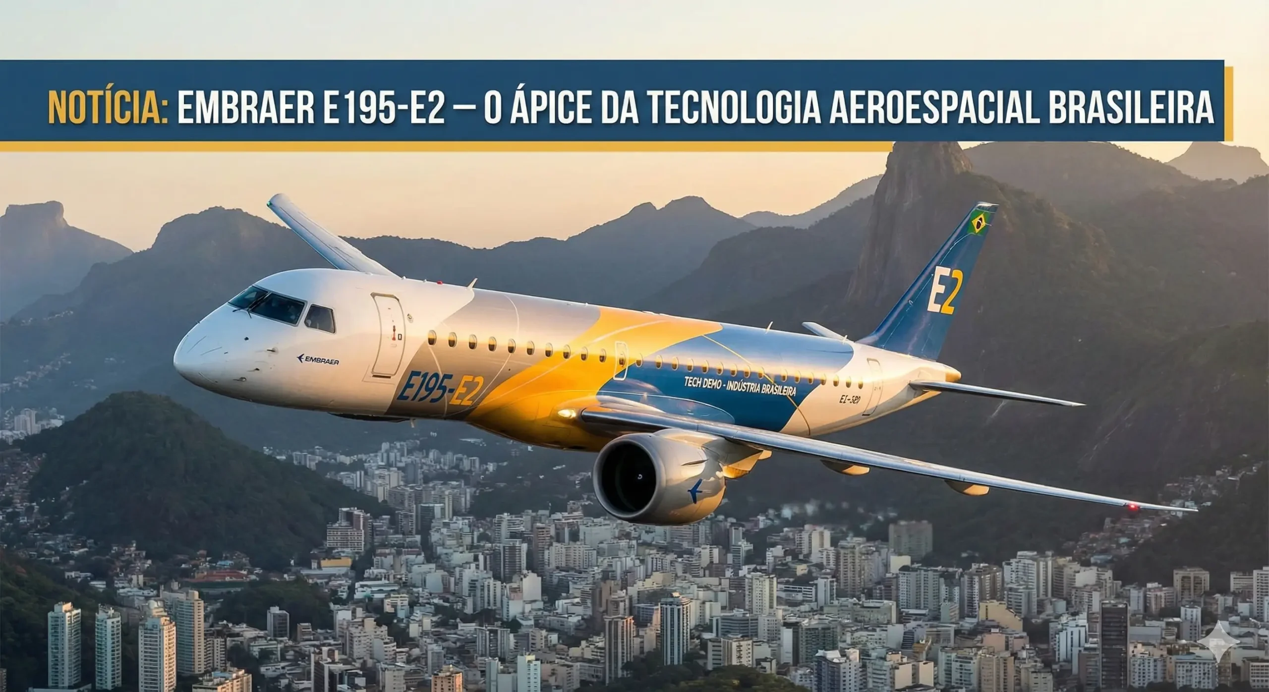 Aeronave Embraer E195-E2 em voo demonstrando a tecnologia da indústria brasileira