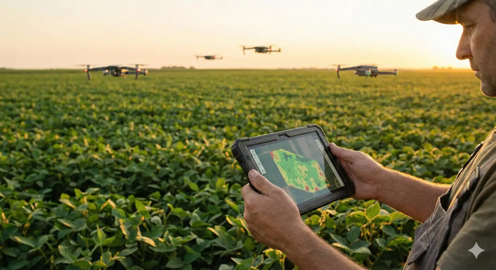 Tablet sendo usado em plantação de soja com drones ao fundo monitorando a safra