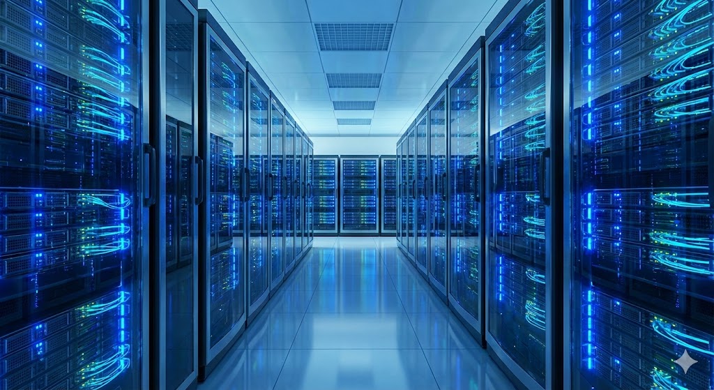 Corredor de servidores de alta tecnologia com iluminação azul, representando o avanço da infraestrutura digital no Brasil.