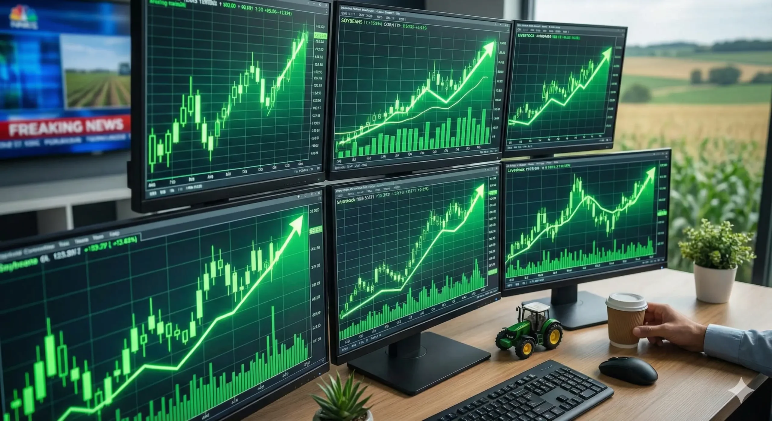 Gráficos de ações em alta em monitores de trading focados em agronegócio