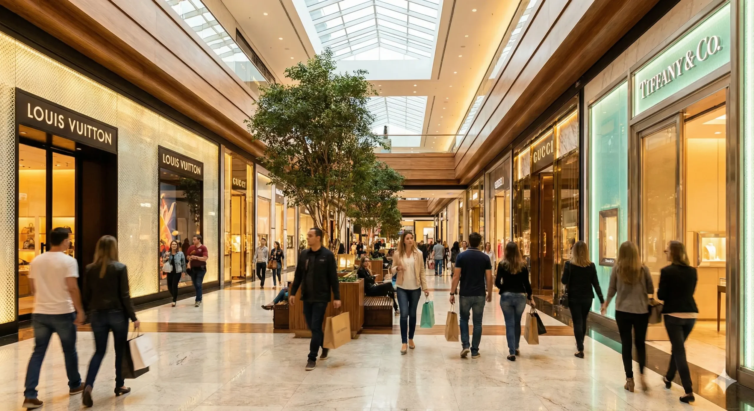 Interior de um shopping center de alto padrão movimentado com vitrines iluminadas