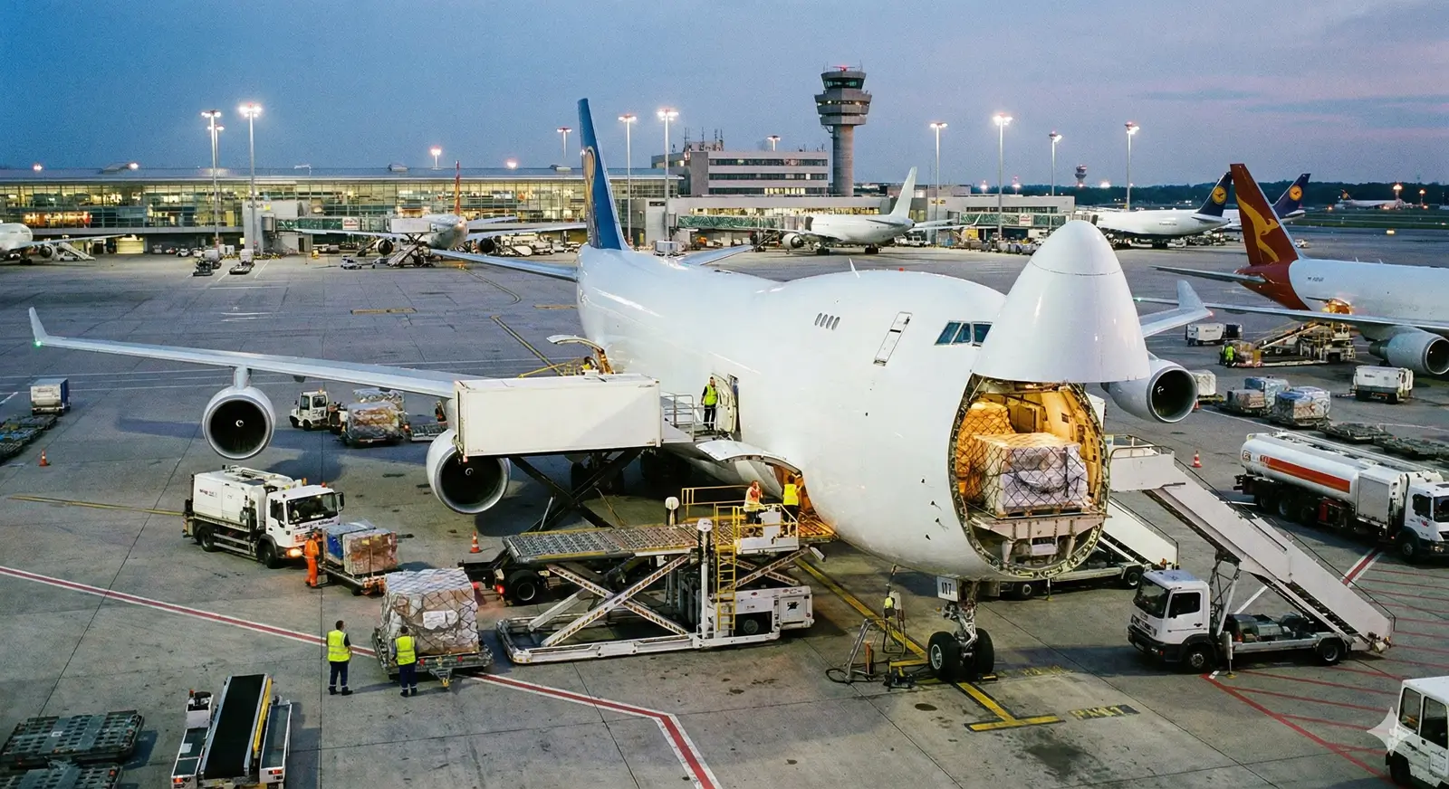Avião cargueiro sendo carregado em aeroporto internacional movimentado