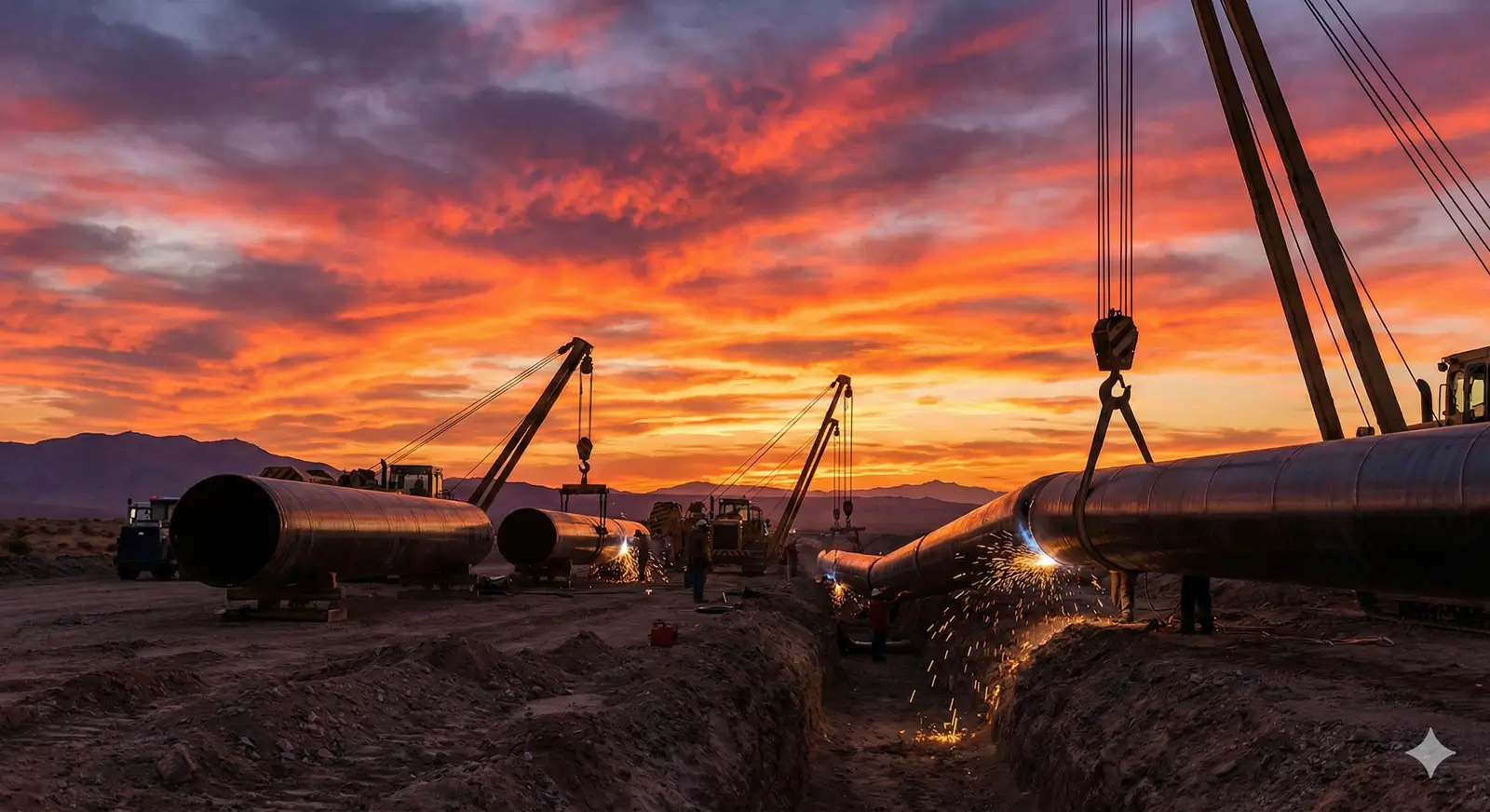Tubulações de gasoduto industrial em construção sob o pôr do sol